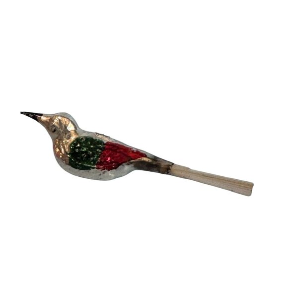 Vintage Blown Mercury Glass Bird Ornament Red Green Silver 4.5" w/tail Germany - Picture 2 of 7